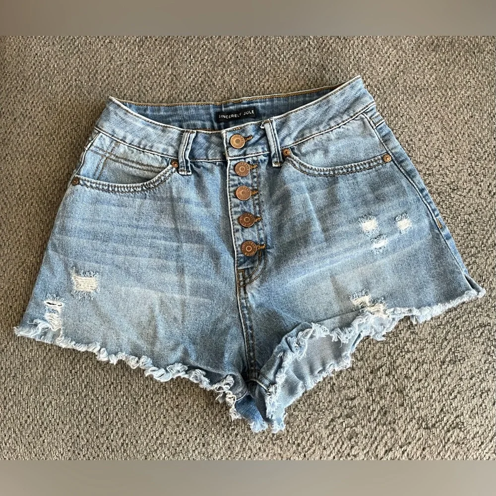 Sincerely Jules Light Blue High Waist Distressed Button-Front Shorts - Picture 1 of 3
